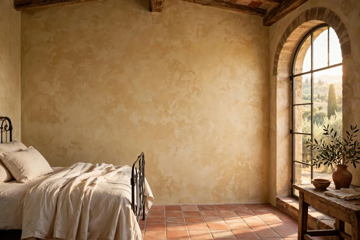 Tuscan bedroom wall with warm golden beige limewash plaster texture
