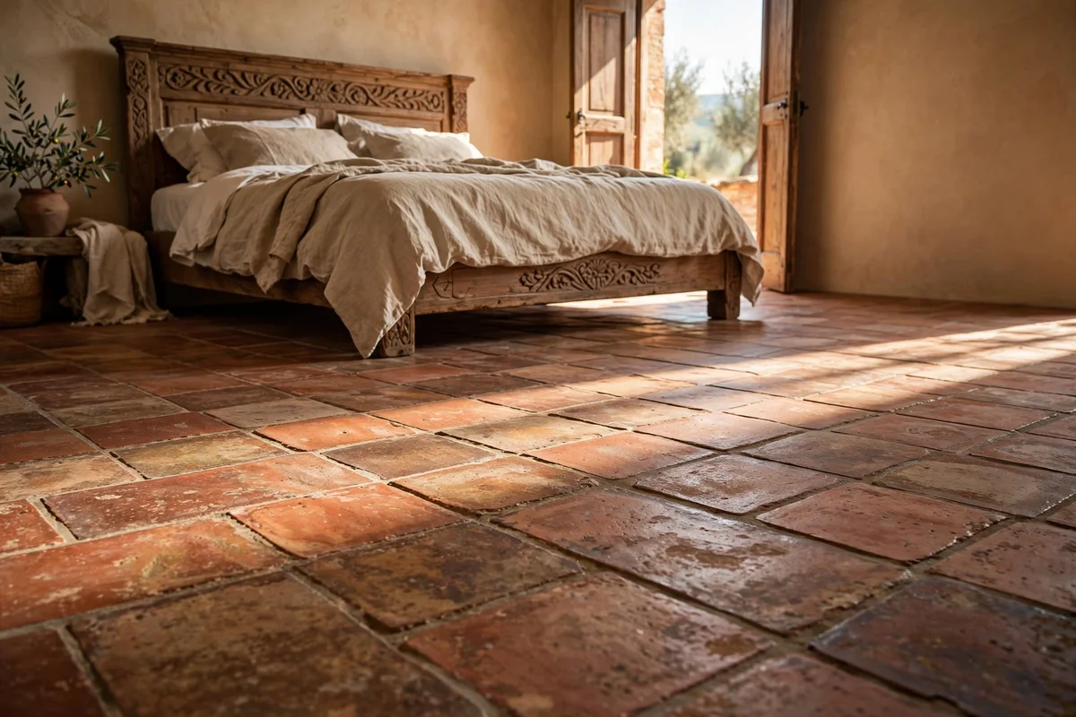 Aged terracotta tile floors with rich patina in a Tuscan bedroom