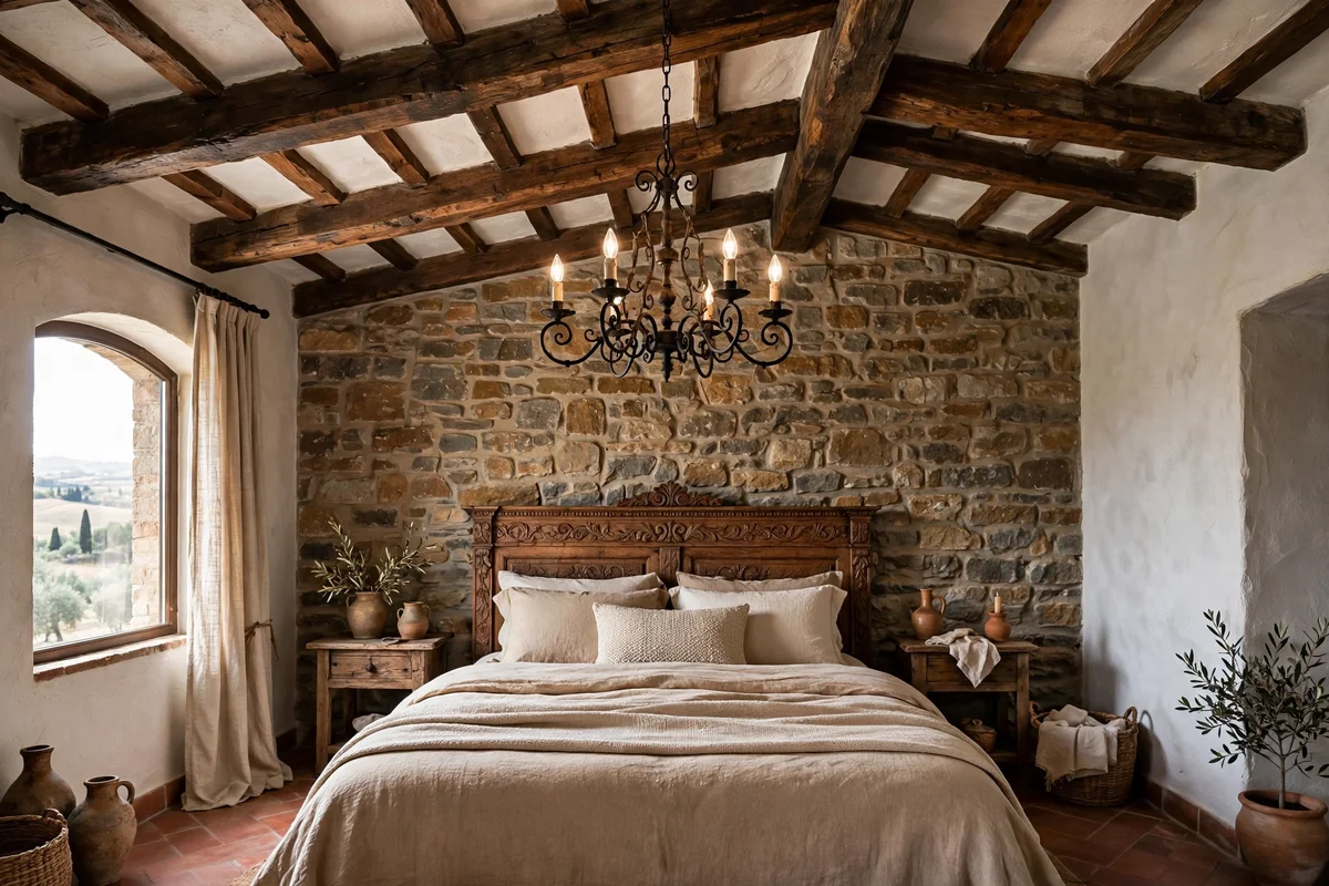 Exposed dark wood beam ceiling in a Tuscan bedroom