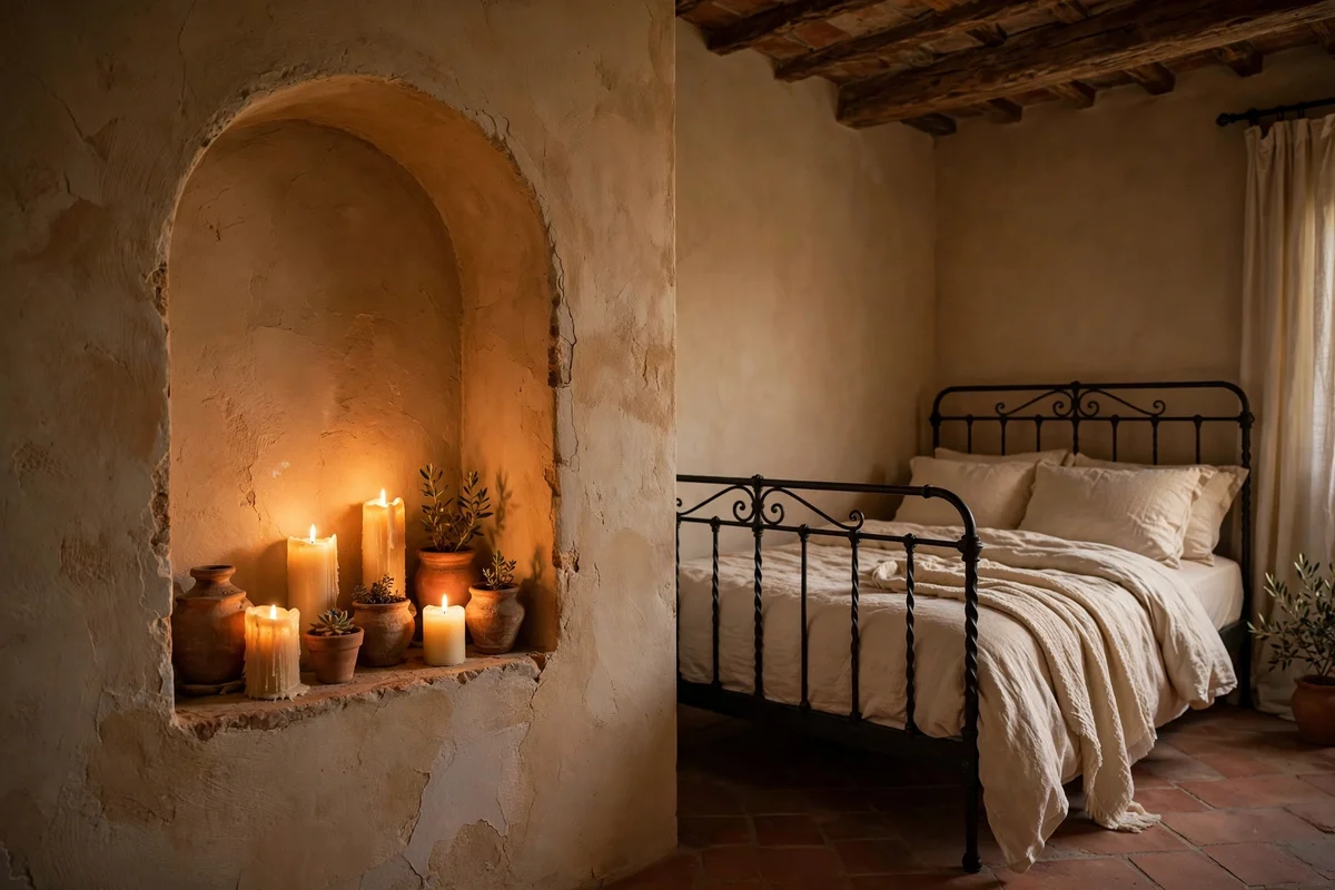 Arched wall niche with candle display in a Tuscan bedroom