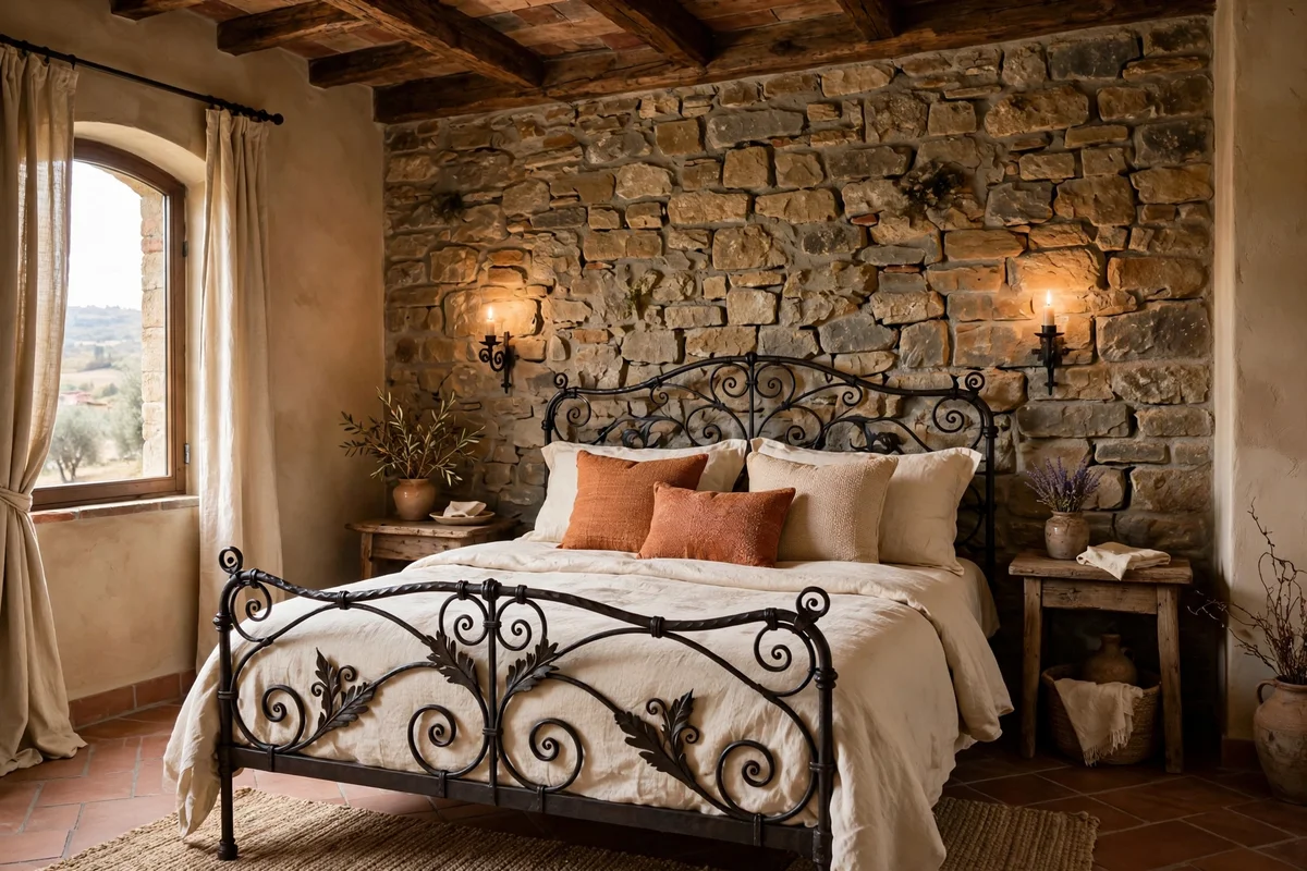 Rough stone accent wall behind a wrought iron bed in a Tuscan bedroom
