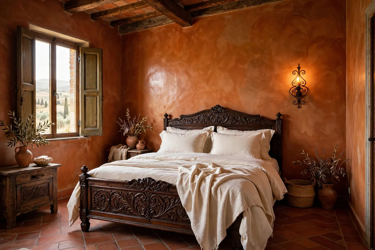 Venetian plaster walls in warm sienna in a Tuscan bedroom