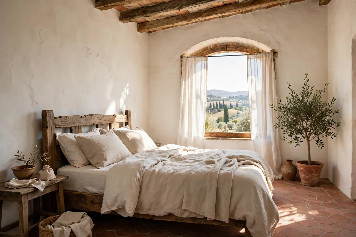 Bright Tuscan bedroom with whitewashed walls in warm creamy tones