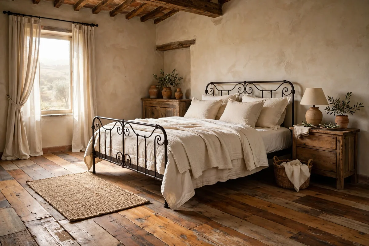 Wide plank reclaimed wood floors in warm honey tones in a Tuscan bedroom