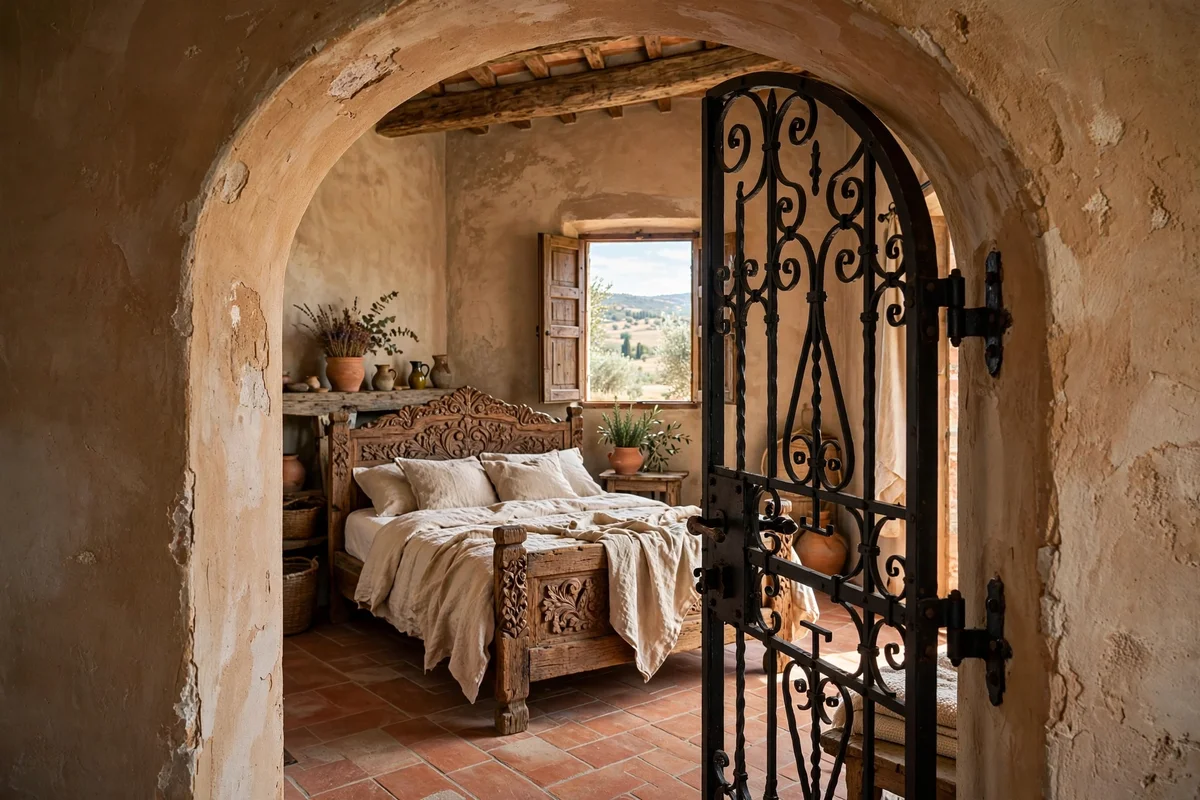 Arched interior doorway with wrought iron details in a Tuscan bedroom