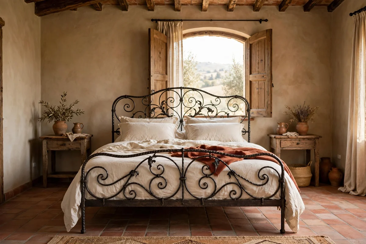 Hand-forged wrought iron bed frame with scrollwork in a Tuscan bedroom
