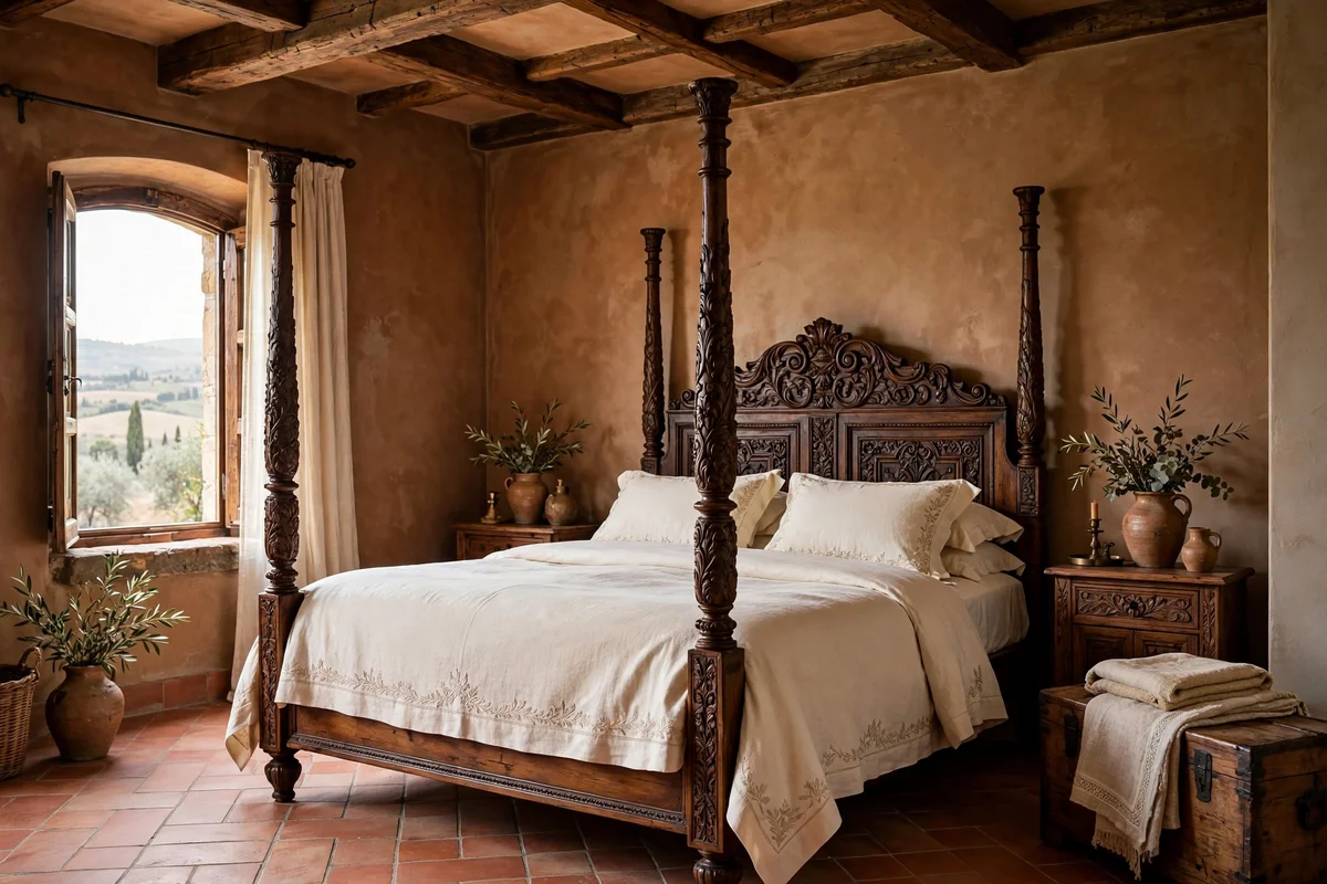 Carved dark wood four-poster bed in a Tuscan bedroom