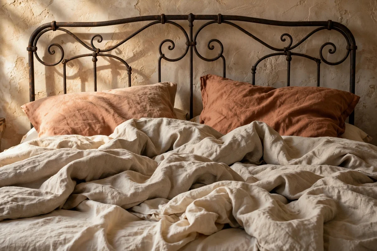 Natural linen bedding in warm neutrals on a Tuscan bed