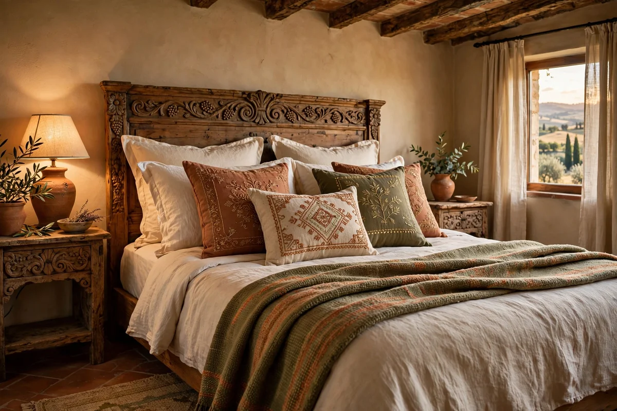 Embroidered throw pillows in earth tones on a Tuscan bed
