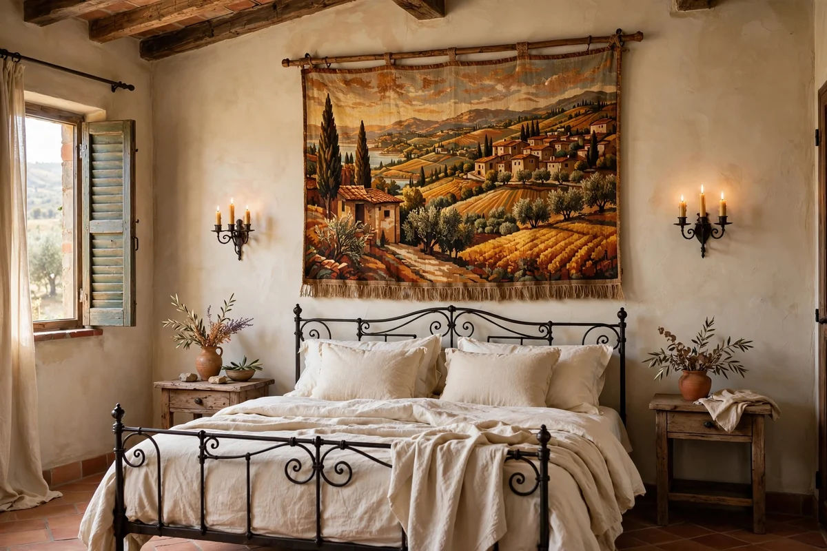 Woven tapestry wall hanging above a bed in a Tuscan bedroom