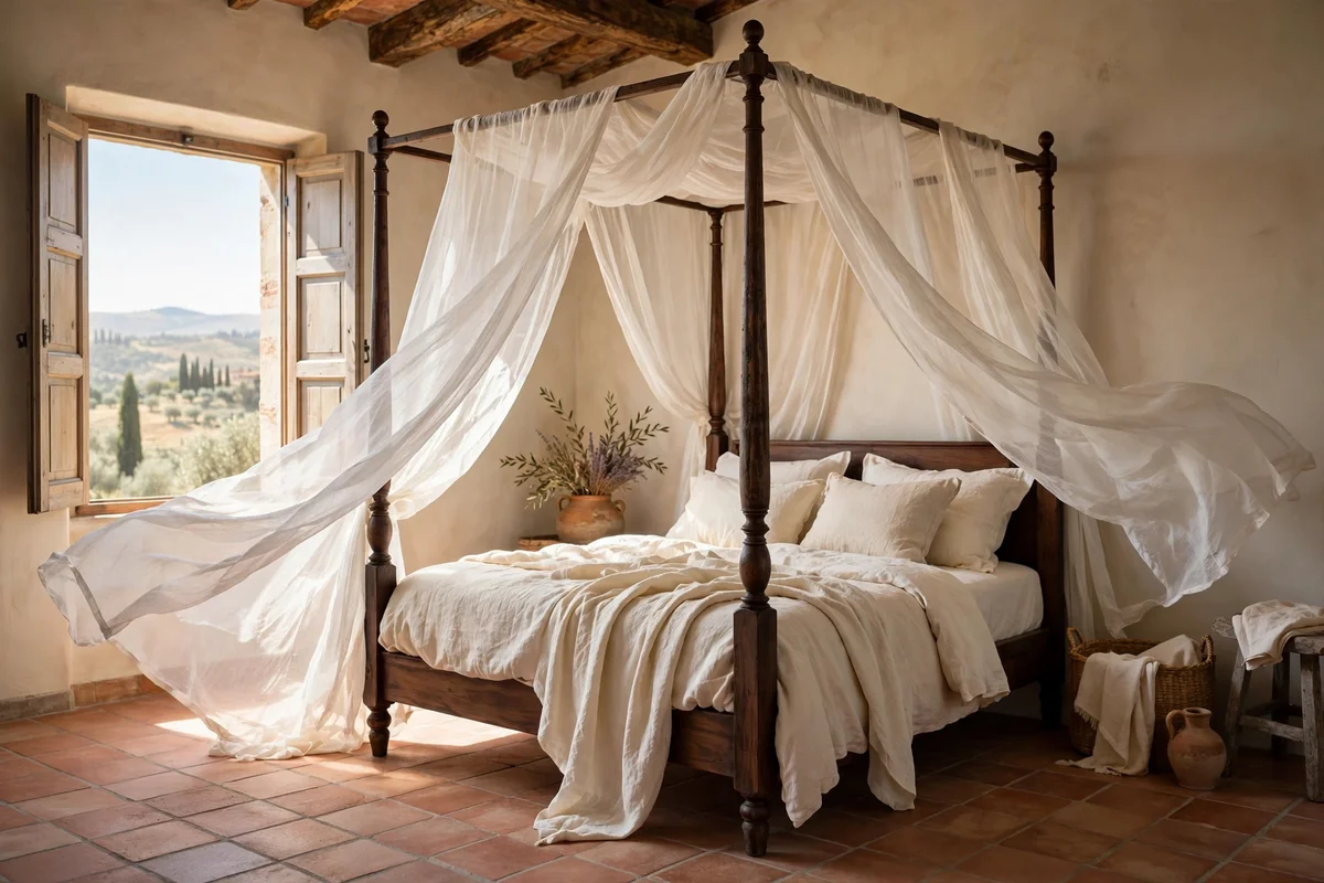 Sheer warm white canopy drapes on a four-poster bed in a Tuscan bedroom
