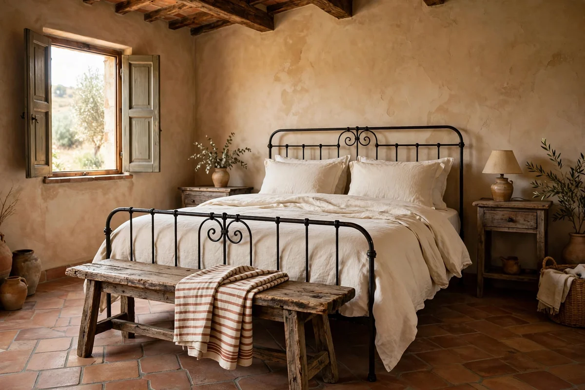 Rustic wooden bench at the foot of a bed in a Tuscan bedroom