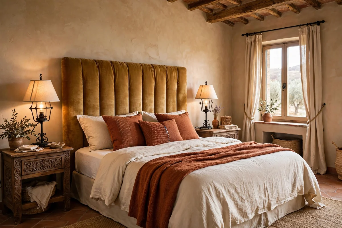 Upholstered headboard in warm ochre fabric in a Tuscan bedroom