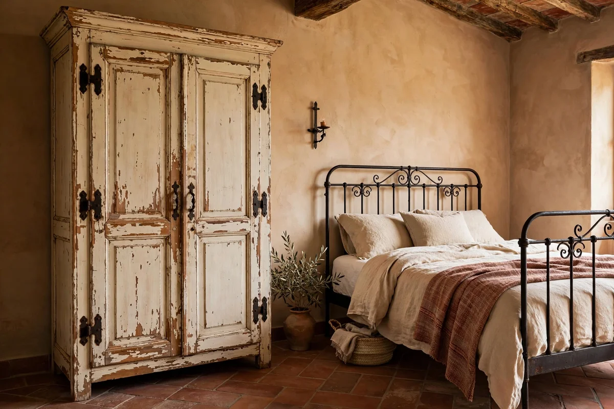 Distressed painted armoire in aged cream in a Tuscan bedroom