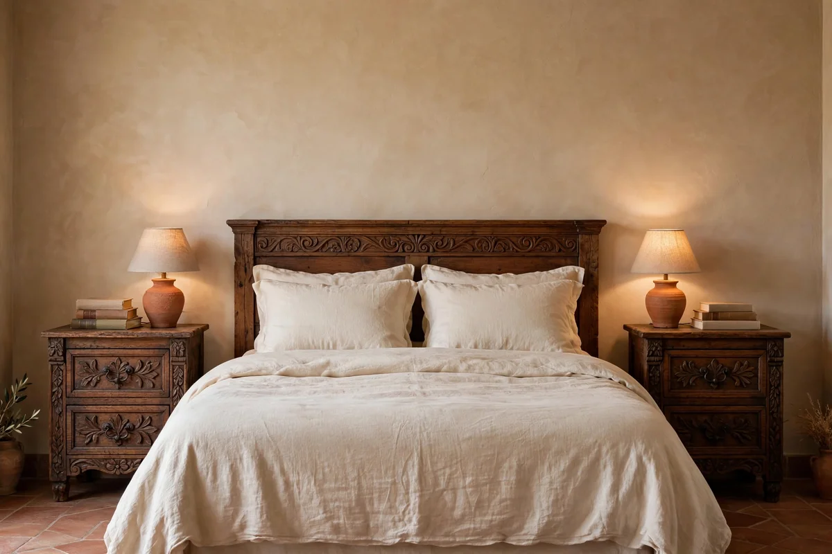 Carved wood nightstands with iron pulls flanking a Tuscan bed