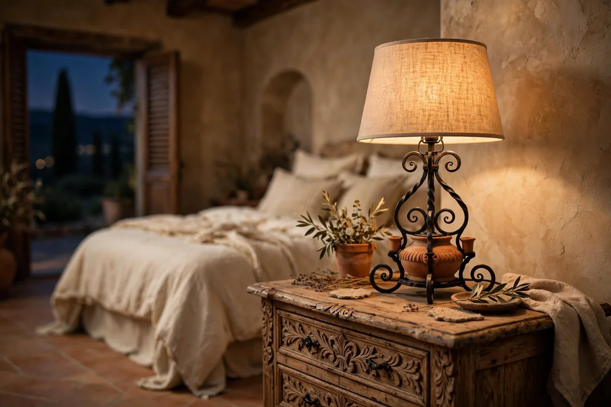 Wrought iron table lamp with linen shade glowing in a Tuscan bedroom