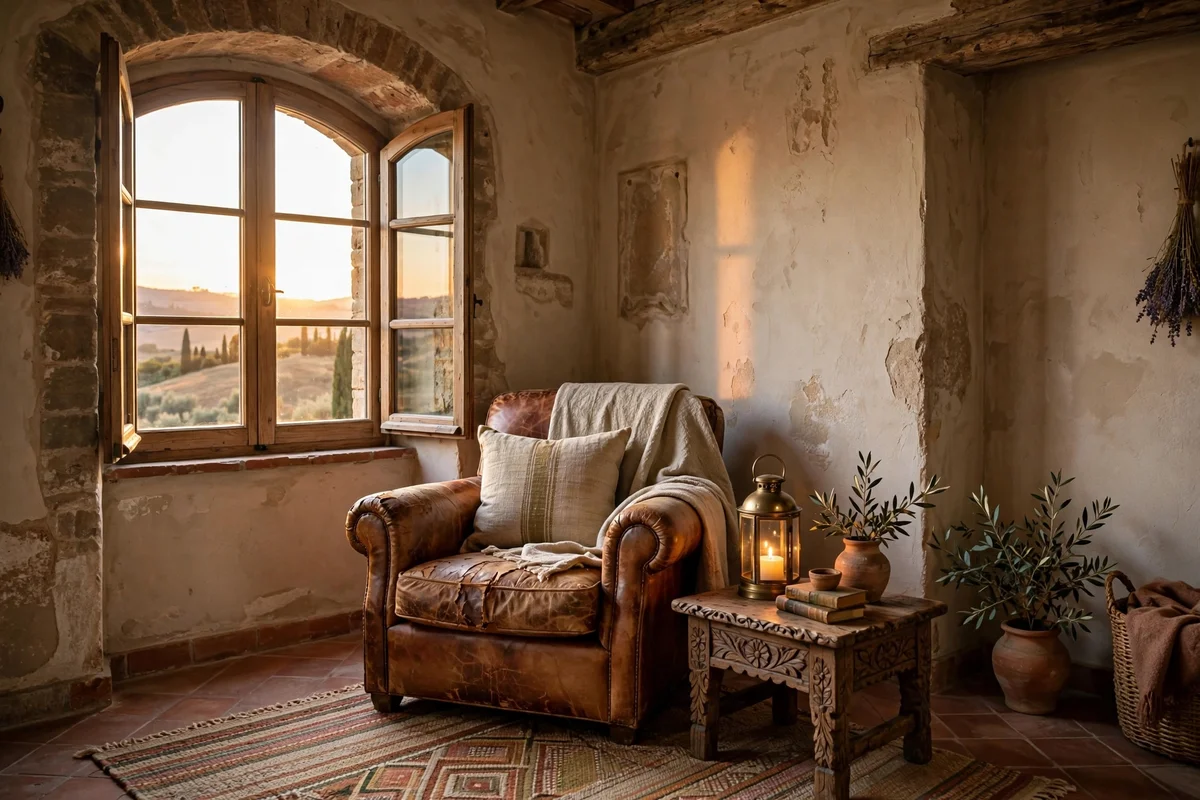 Worn cognac leather reading chair in a Tuscan bedroom corner