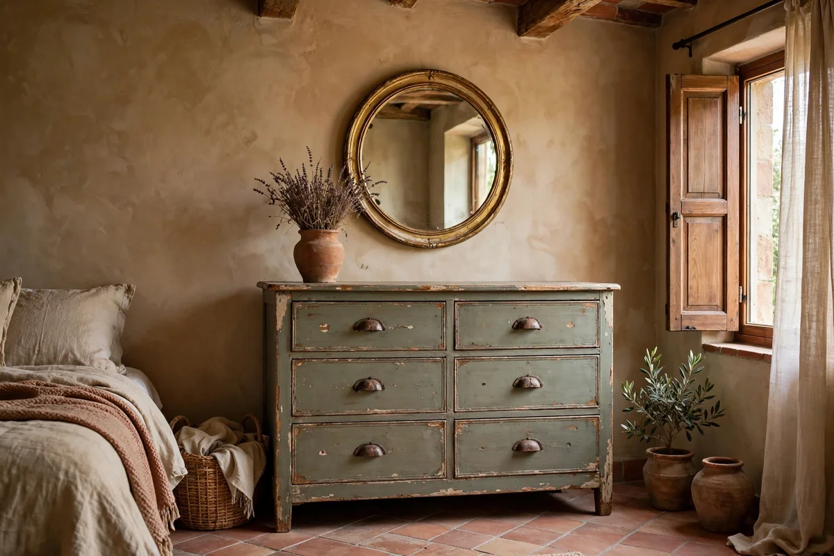 Aged painted dresser in sage green in a Tuscan bedroom