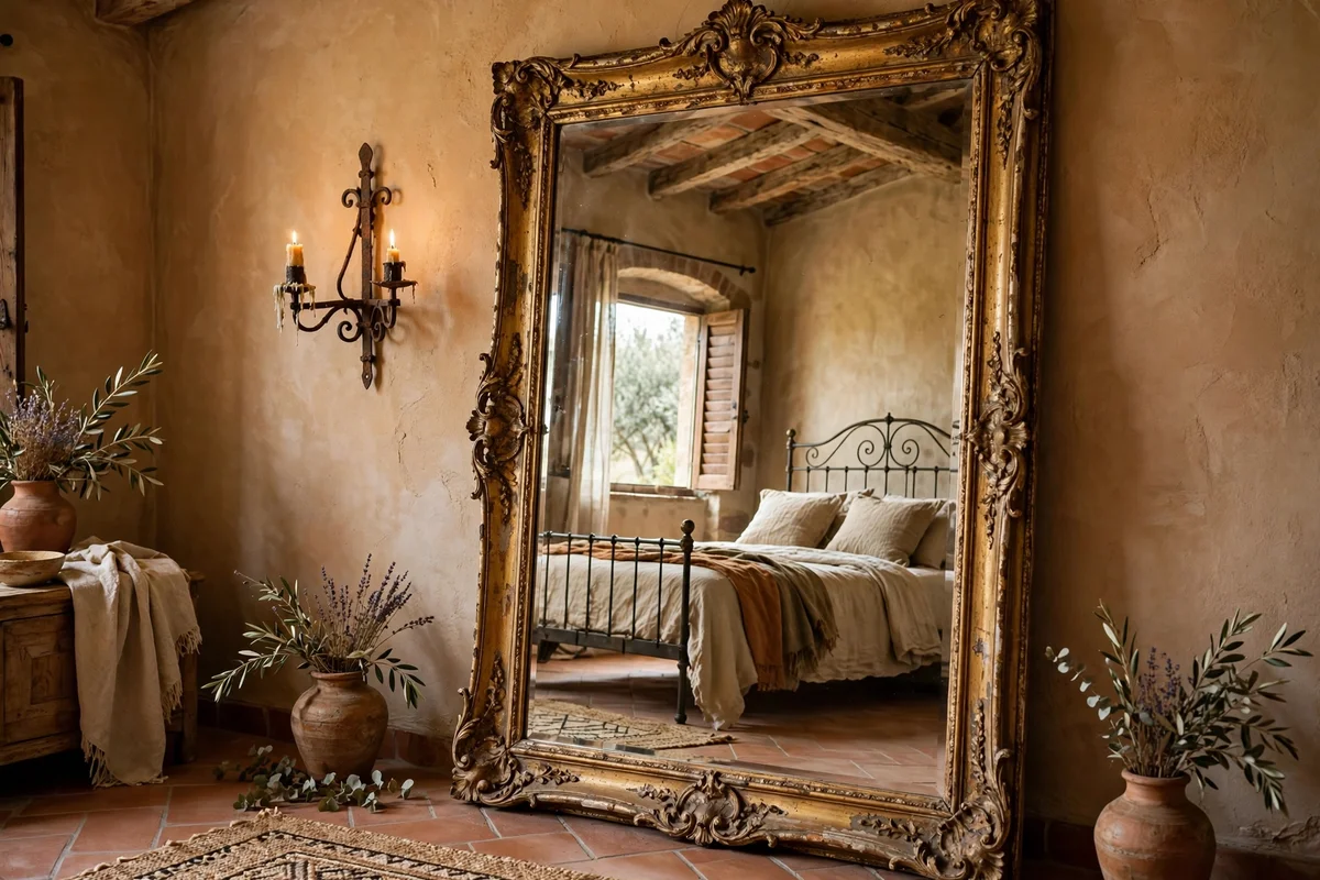 Oversized mirror with aged gold frame in a Tuscan bedroom