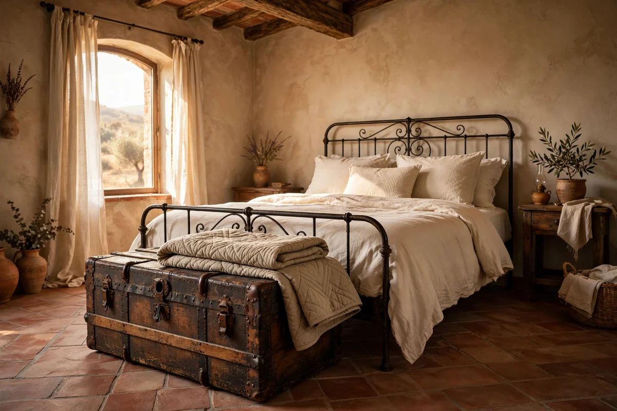 Antique wooden trunk with iron straps at the foot of a Tuscan bed