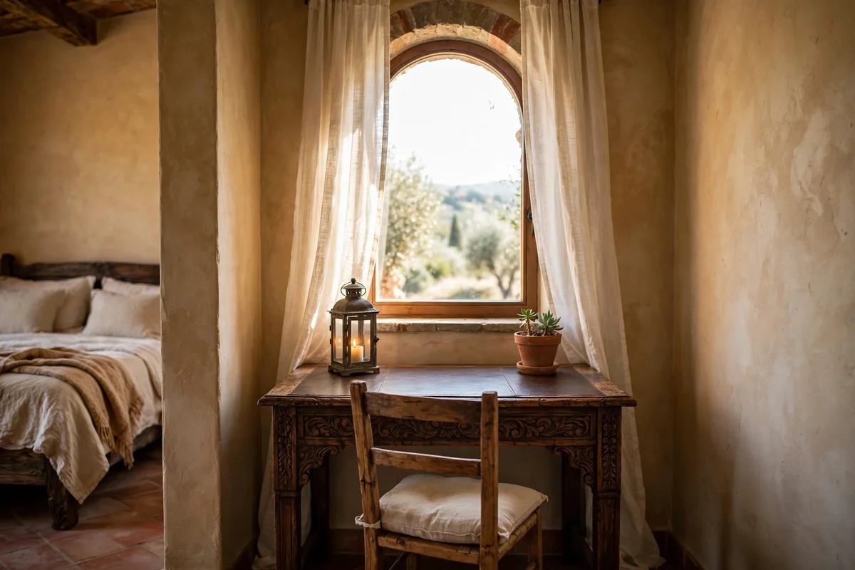 Small writing desk nook with carved wood desk in a Tuscan bedroom