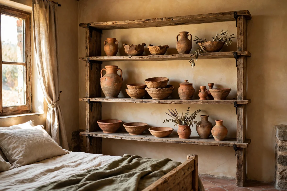 Open wooden shelving with terracotta pottery in a Tuscan bedroom