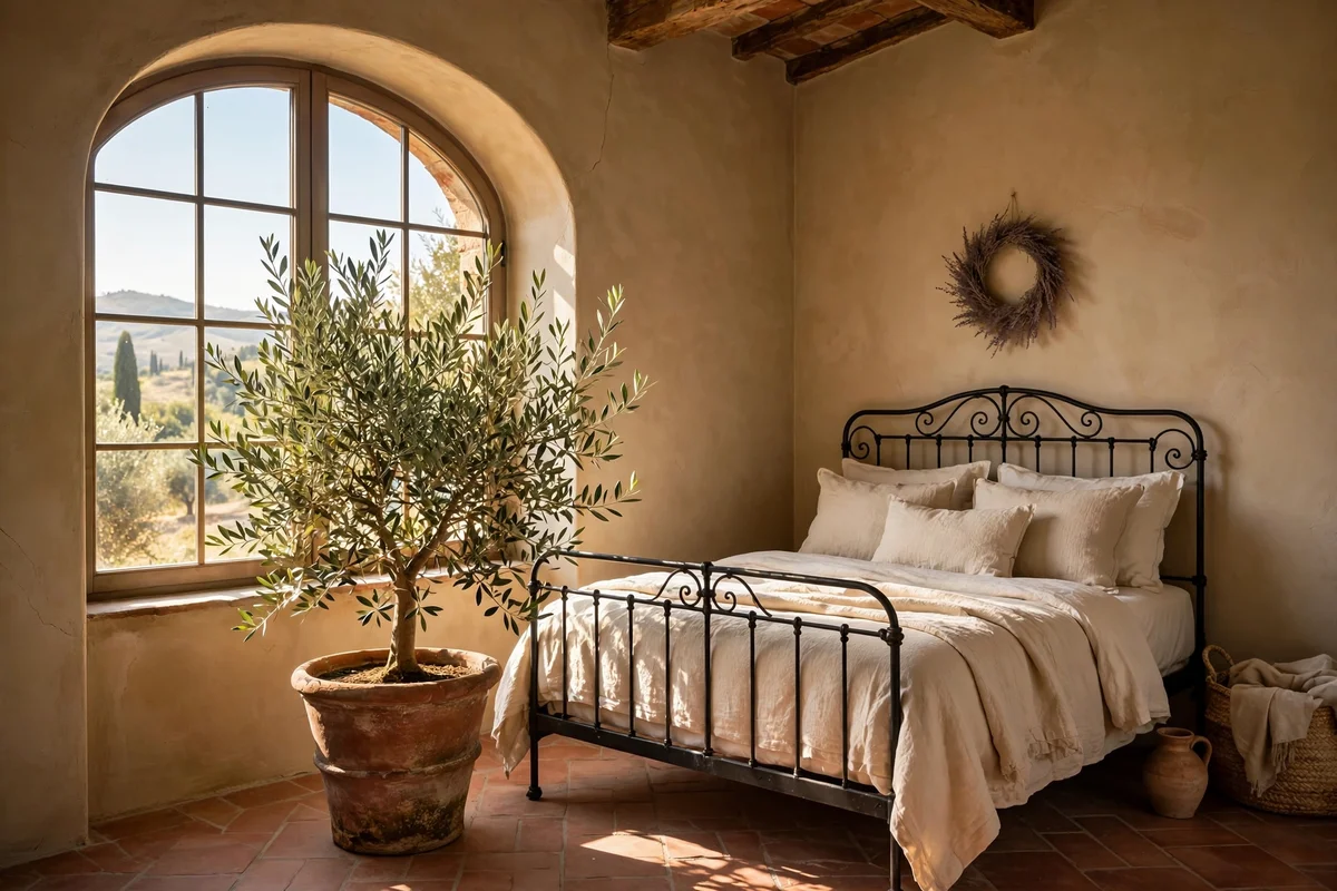 Potted olive tree in a terracotta pot in a Tuscan bedroom