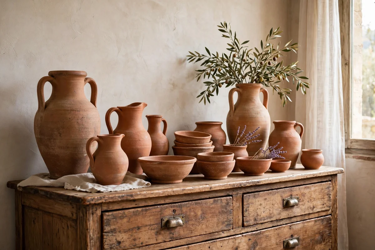 Collection of terracotta pottery in warm clay tones in a Tuscan bedroom