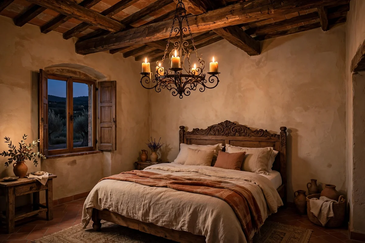 Wrought iron chandelier with candles in a Tuscan bedroom
