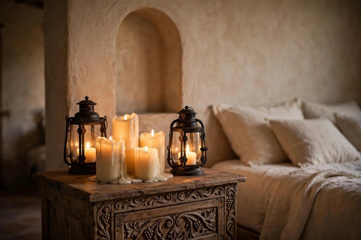 Cluster of pillar candles and iron lanterns in a Tuscan bedroom