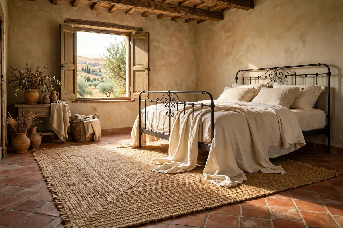 Handwoven jute rug in warm tones beside a bed in a Tuscan bedroom