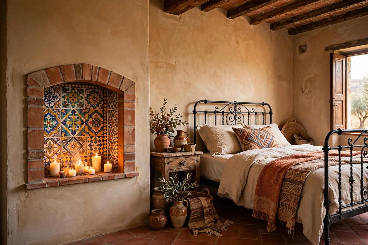 Mosaic tile detail in a fireplace niche in a Tuscan bedroom