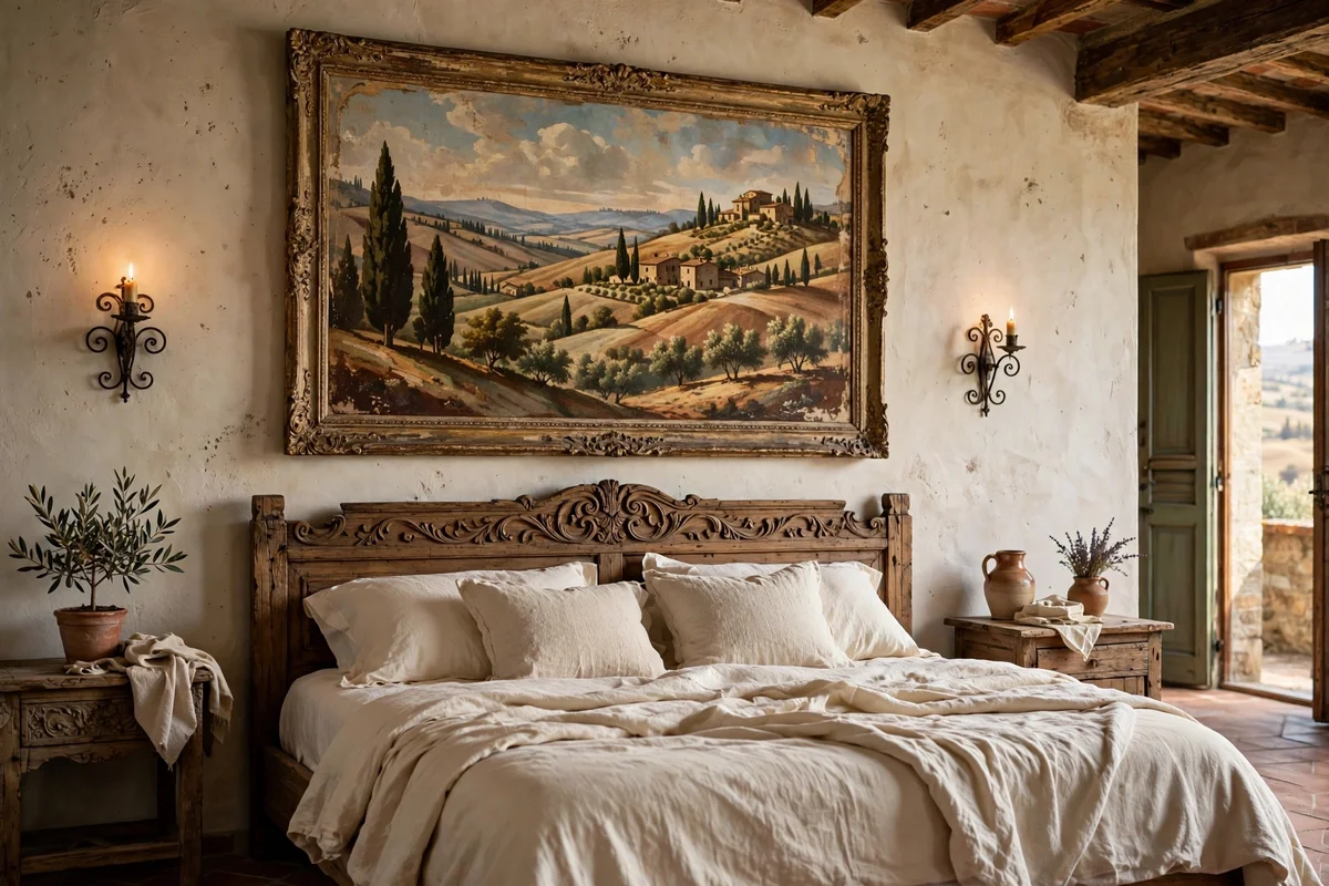 Fresco-style landscape artwork above a bed in a Tuscan bedroom