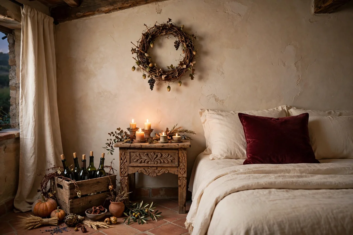Grapevine and wine-inspired accents in a Tuscan bedroom