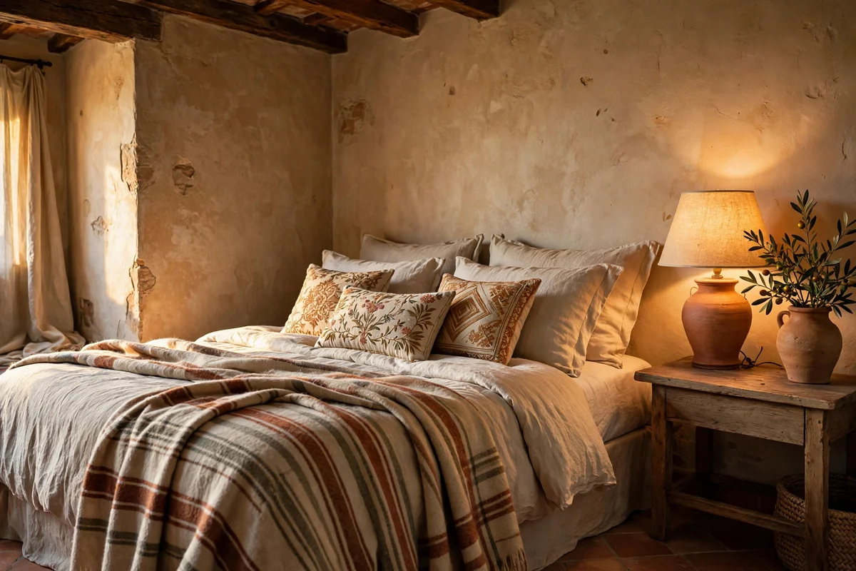 Layered textiles and warm lighting styling in a Tuscan bedroom