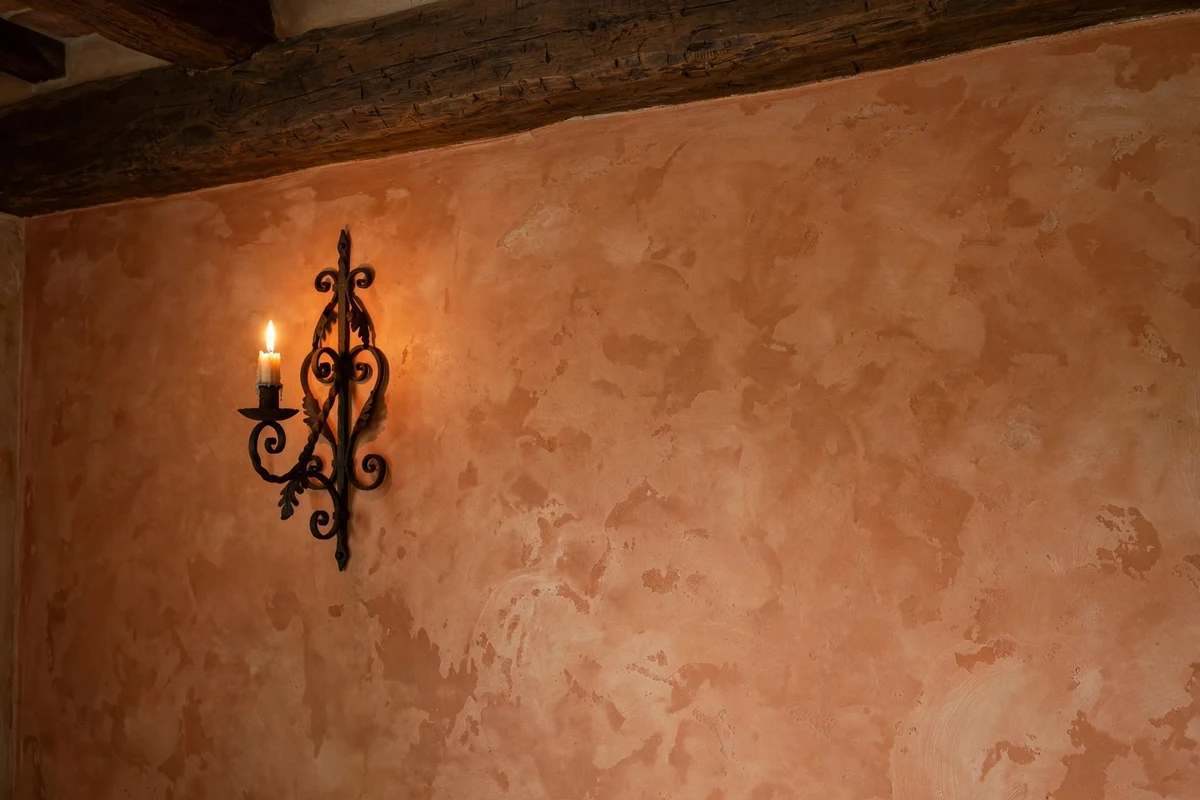 Tuscan living room with warm terracotta limewash walls