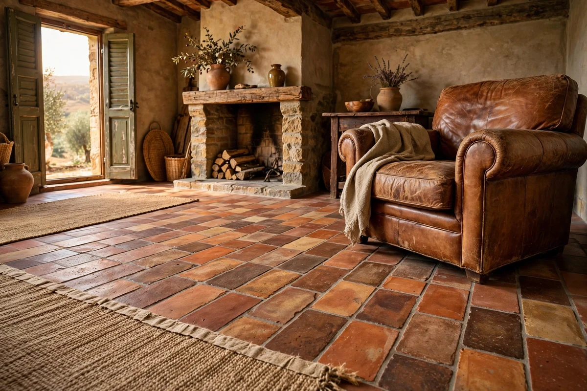 Handmade terracotta tile floors in a Tuscan living room