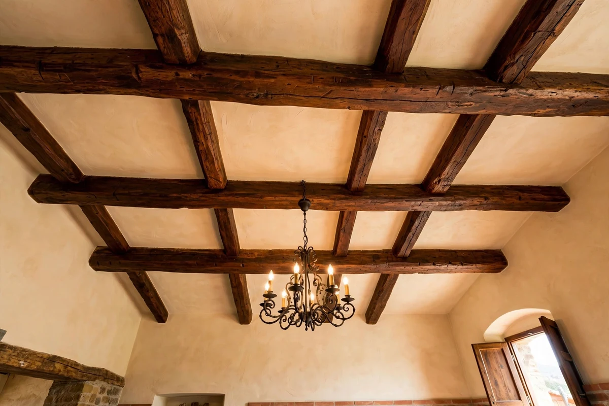 Exposed dark wood ceiling beams in a Tuscan living room