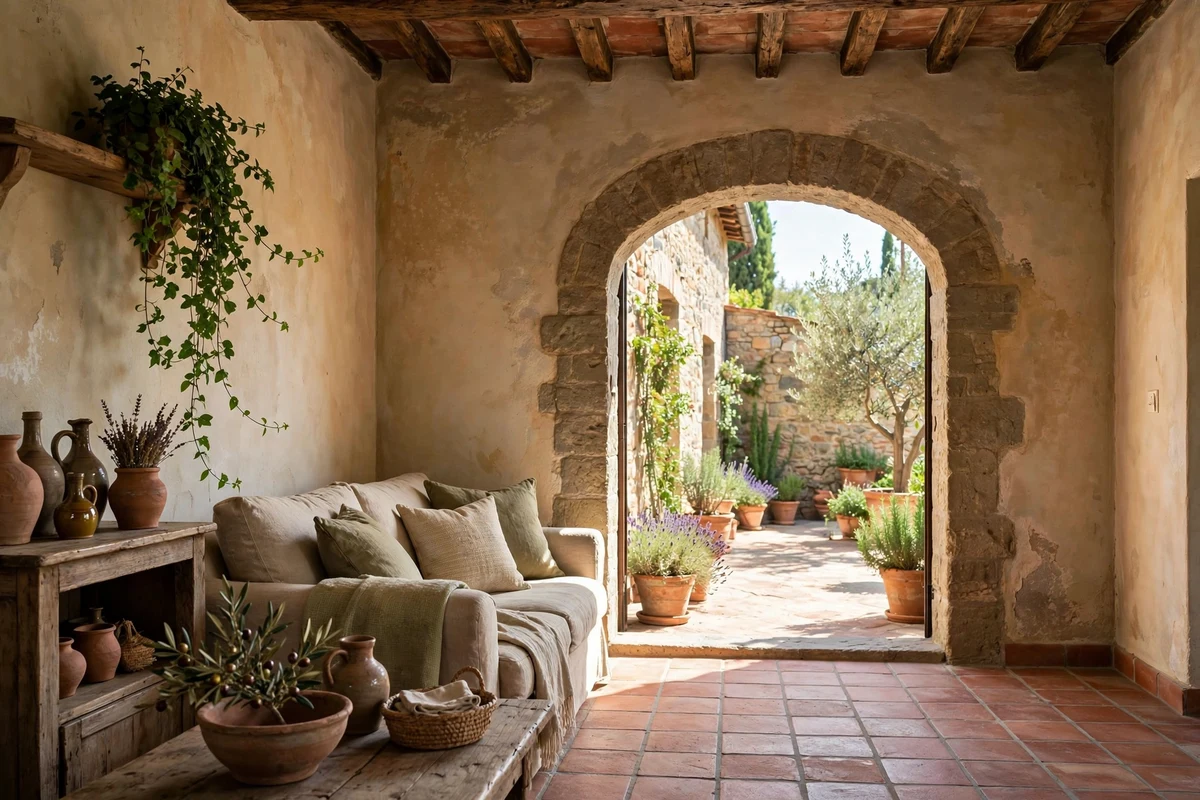 Stone arched doorway in a Tuscan living room