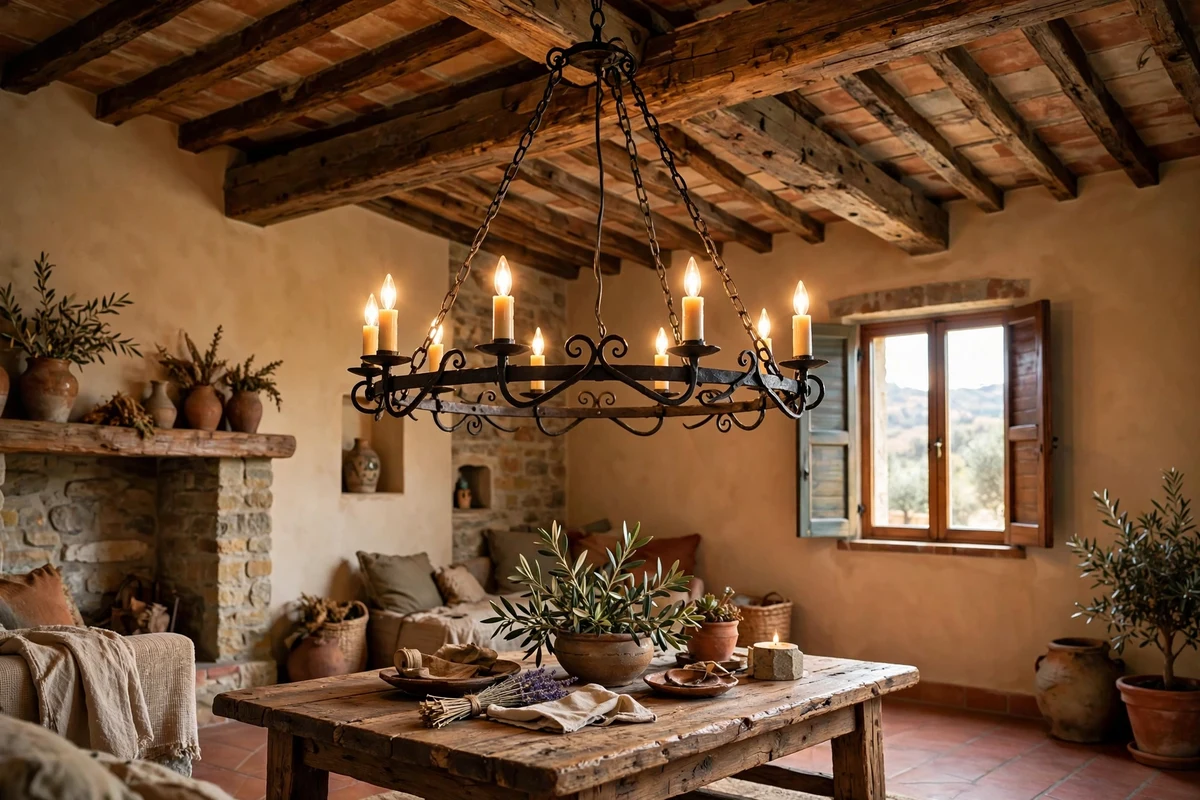 Wrought iron ring chandelier in a Tuscan living room