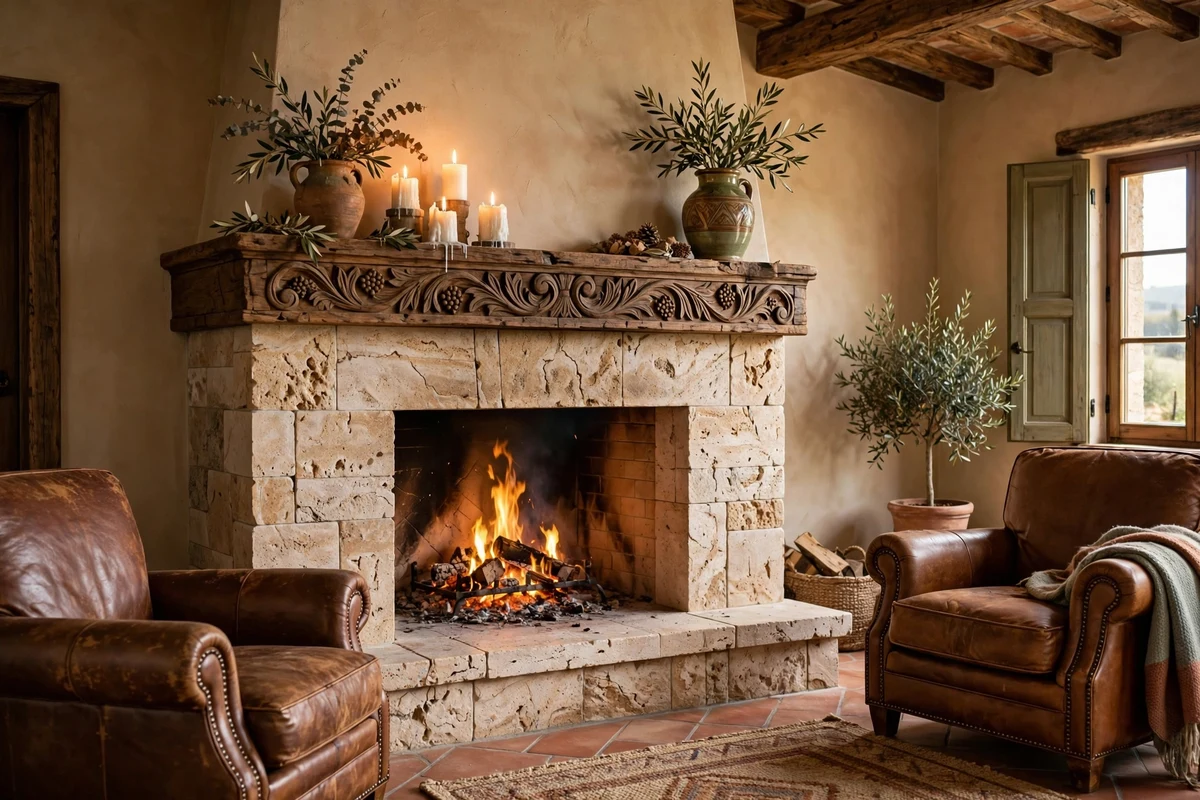 Travertine stone fireplace with fire in a Tuscan living room