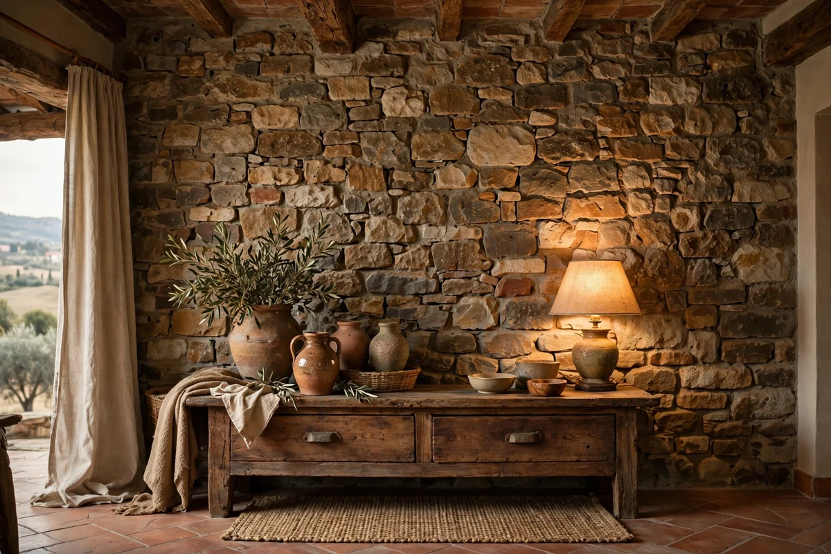 Rustic exposed stone accent wall in a Tuscan living room