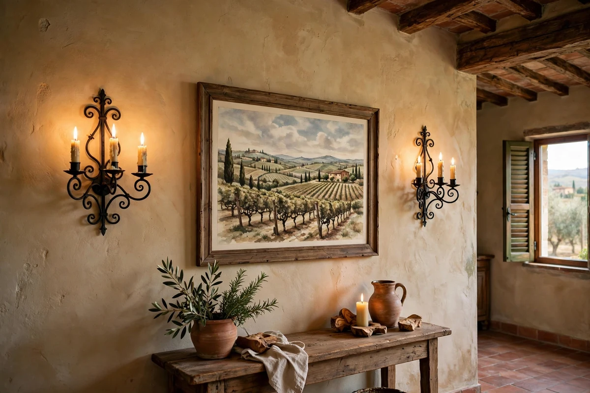 Wrought iron wall sconces with candles in a Tuscan living room