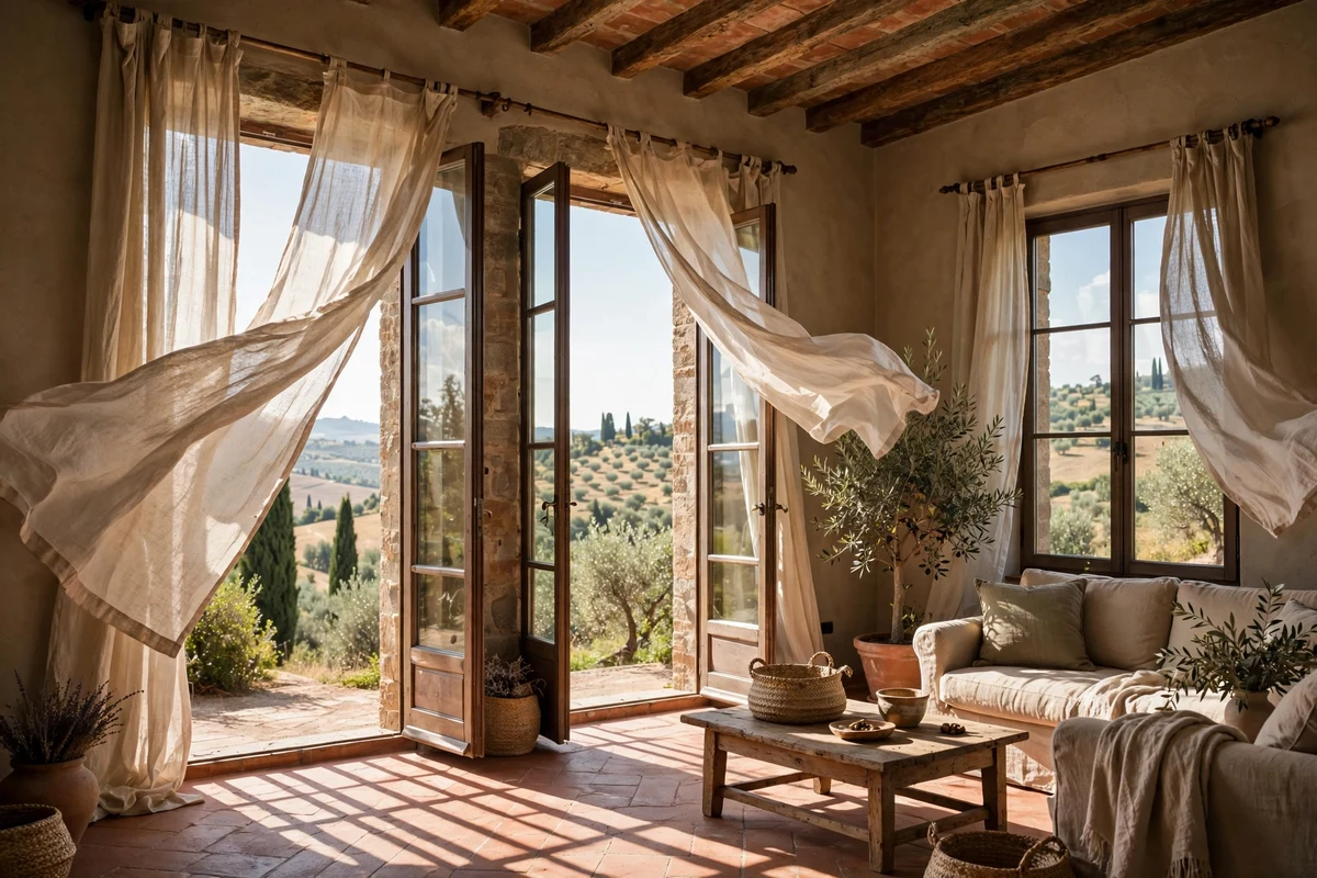 Natural linen curtains billowing in a Tuscan living room