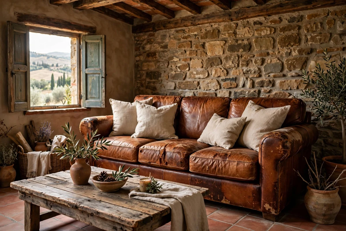 Distressed cognac leather sofa in a Tuscan living room