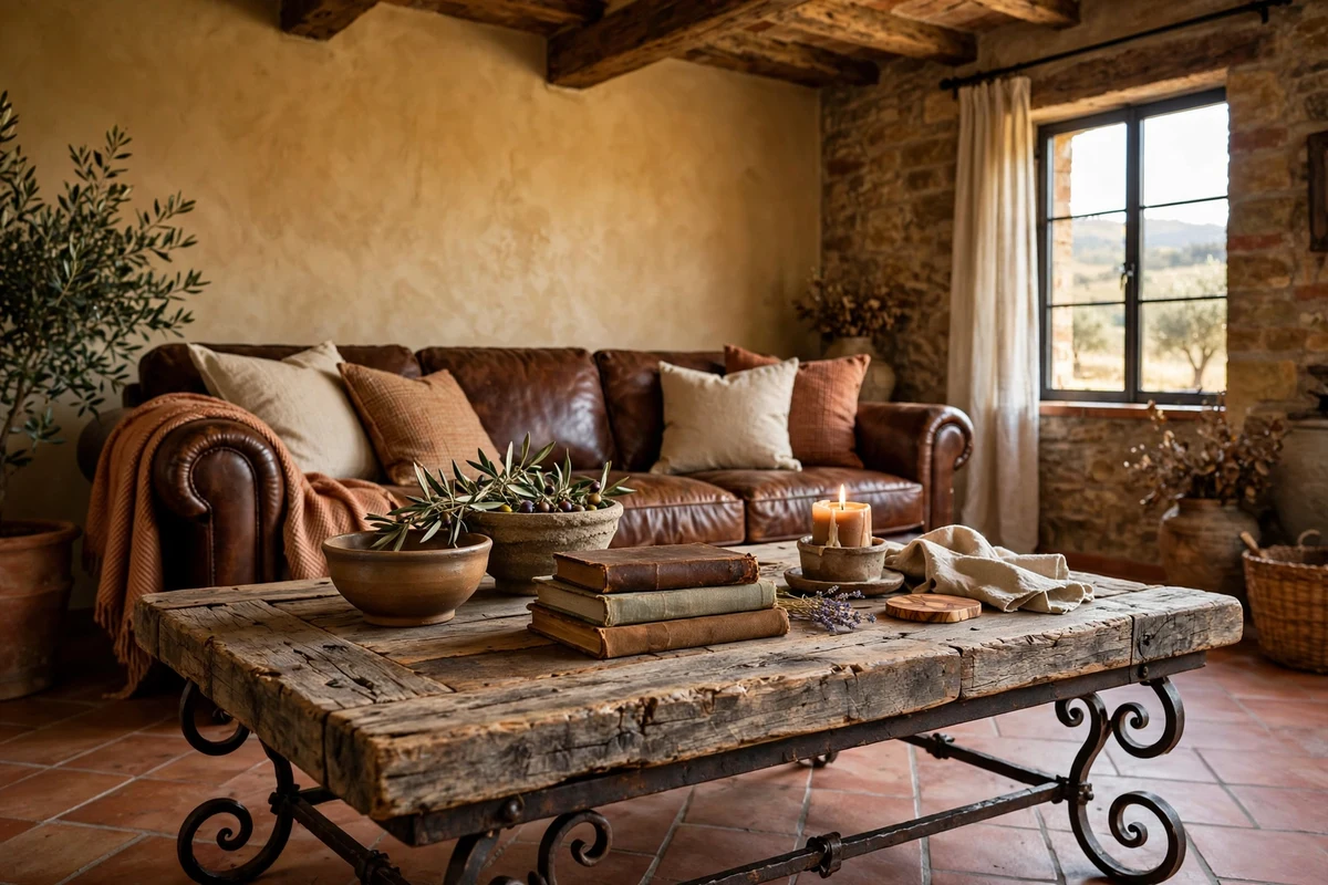 Reclaimed wood coffee table with iron legs in a Tuscan living room