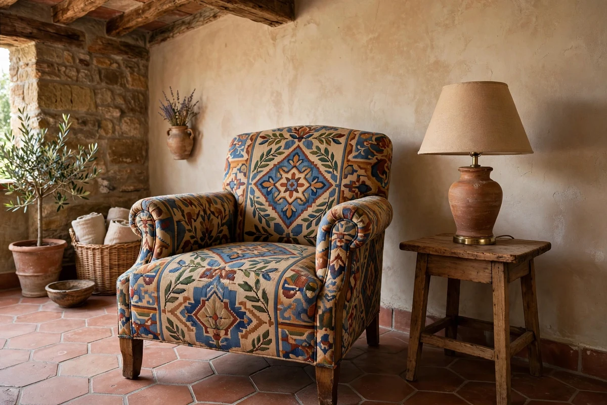 Tapestry upholstered armchair in a Tuscan living room corner