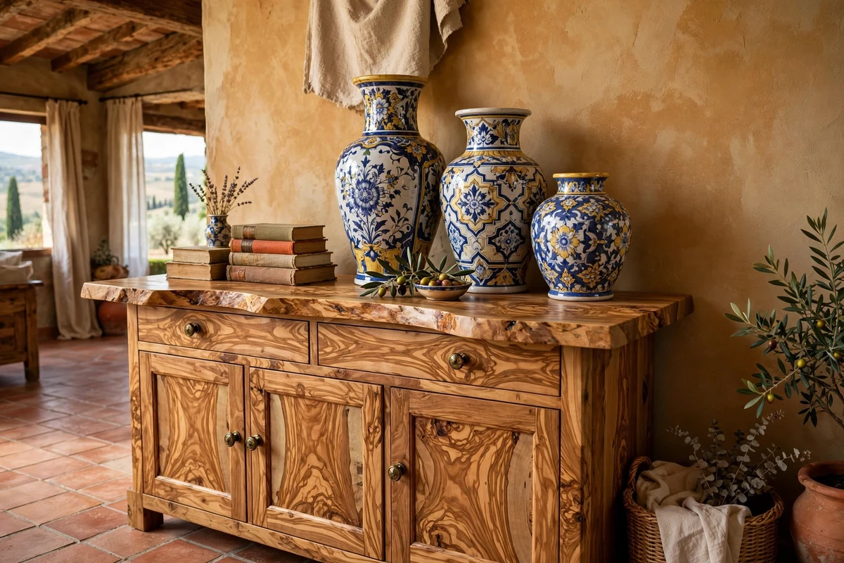 Olive wood sideboard with live-edge top in a Tuscan living room
