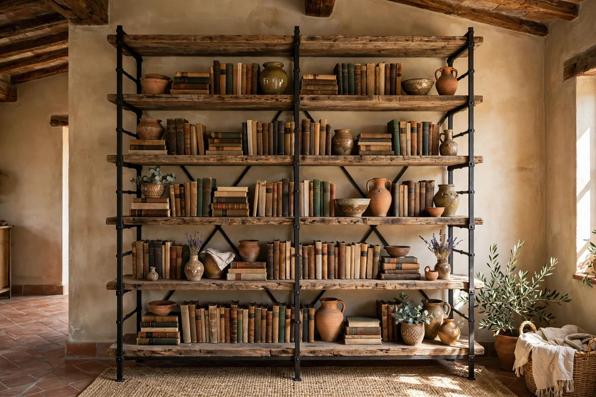 Iron and wood bookcase with books and pottery in a Tuscan living room