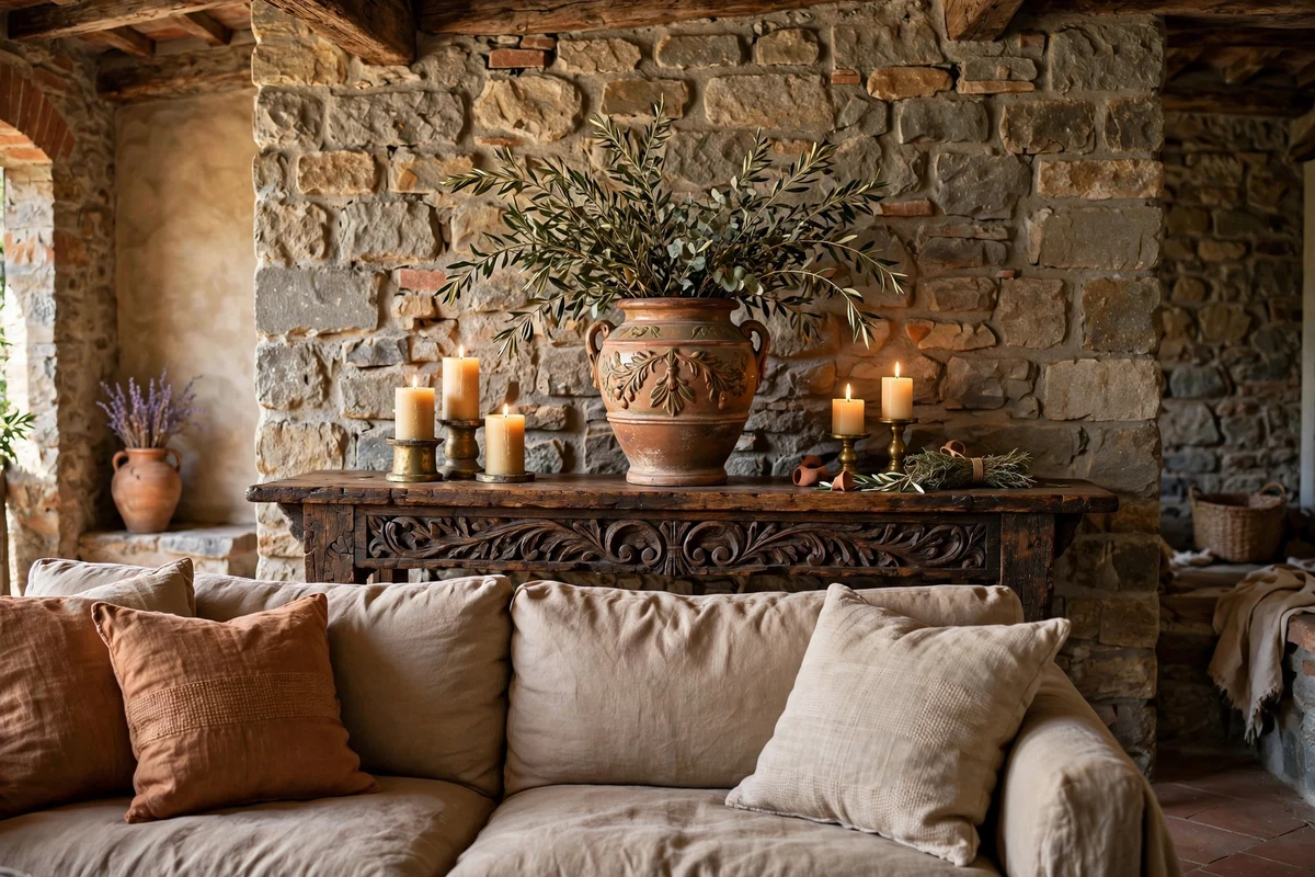 Carved wood console table behind a sofa in a Tuscan living room